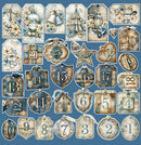 A set of 24 vintage-style advent calendar tags with numbers 1 through 24, decorated with distressed textures, floral motifs, and antique numbers on a solid blue background.