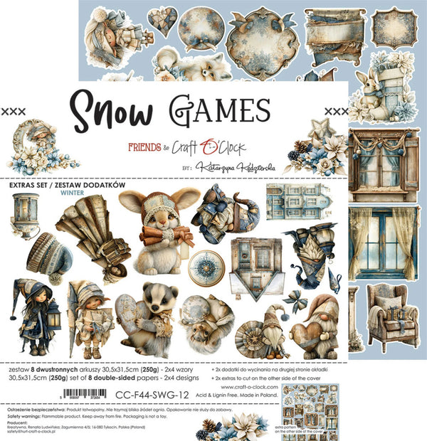 A decorative paper craft sheet titled 'Snow Games' from Friends in Craft O'Clock, featuring vintage-style illustrations of snow-covered rabbits, winter clothing, framed art, windows, and floral motifs on a pale blue background.