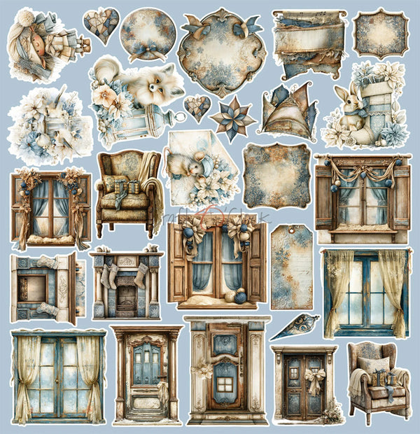 A sheet of vintage-style decorative stickers or clipart featuring antique furniture, windows, floral arrangements, hearts, stars, and blank label shapes in muted blue, beige, and brown tones on a pale blue background.