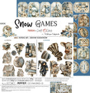 A flat lay of a craft paper set titled 'Snow Games Friends in Craft & Clock' by Aesthetics by Aesthetics. The packaging displays various winter-themed illustrations, including clocks, snow globes, snowman figures, and vintage ornaments, alongside a blue border showing numbered card designs.