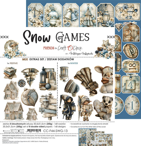 A flat lay of a craft paper set titled 'Snow Games Friends in Craft & Clock' by Aesthetics by Aesthetics. The packaging displays various winter-themed illustrations, including clocks, snow globes, snowman figures, and vintage ornaments, alongside a blue border showing numbered card designs.
