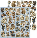 A sheet of vintage-style illustrated gnome characters and small decorative motifs arranged on a pale blue background, with additional matching pieces shown along the top and right edges.