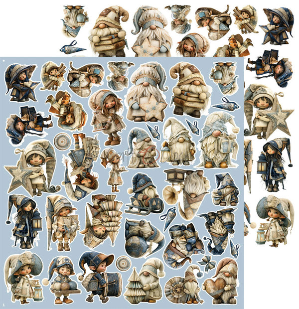 A sheet of vintage-style illustrated gnome characters and small decorative motifs arranged on a pale blue background, with additional matching pieces shown along the top and right edges.