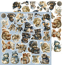 A sheet of vintage-style illustrated animal stickers or decals featuring bears, raccoons, squirrels, rabbits, and snowmen wearing winter clothing, arranged on a light blue backing with additional matching pieces around it.