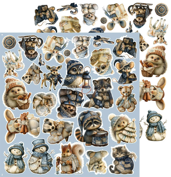 A sheet of vintage-style illustrated animal stickers or decals featuring bears, raccoons, squirrels, rabbits, and snowmen wearing winter clothing, arranged on a light blue backing with additional matching pieces around it.