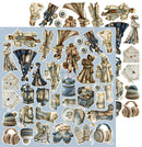 A sheet of vintage-style illustrated stickers or decoupage elements featuring people in old clothing, hats, boots, lanterns, boxes, and accessories, arranged on a light blue background.