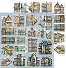 A sheet of vintage-style illustrated house cutouts or craft pieces arranged on a light blue background. The pieces depict old Victorian and Georgian houses with weathered beige, gray, and blue tones, shown both upright and mirrored.