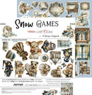 A decorative paper craft sheet titled 'Snow Games' from Friends in Craft O'Clock, featuring vintage-style illustrations of snow-covered rabbits, winter clothing, framed art, windows, and floral motifs on a pale blue background.