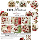 Craft O'Clock 'Spirit of Christmas' paper pack design sheet by Renata Ludwicka, featuring vintage holiday illustrations, floral patterns, and multiple coordinating paper color/texture samples on a white background.