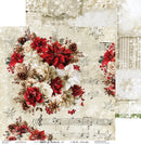 A Christmas-themed scrapbook paper sheet featuring a floral arrangement of red poinsettias, cream roses, pinecones, and berries over a vintage sheet music background, with lace and snowflake embellishments.