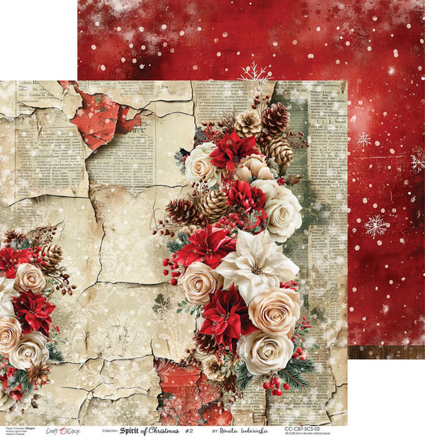 A double-sided scrapbook paper sheet featuring a distressed Christmas design. One side displays a vintage cracked-paper collage with cream roses, red poinsettias, pinecones, and book page text.