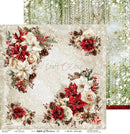 A square decorative paper or scrapbook design sheet with a vintage Christmas floral border in cream, red, and brown tones, layered over a knitted green-and-cream textile and a white floral patterned background. Visible text includes Craft O'Clock and Spirit of Christmas