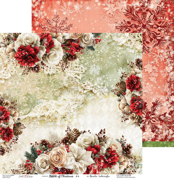 A set of four scrapbooking paper sheets from Coquette Designs' 'Spirit of Christmas' collection, featuring festive holiday patterns including red and cream floral arrangements, snowflakes, lace borders, and textured backgrounds.