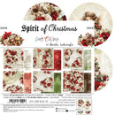 A flat lay of a scrapbook paper set titled 'Spirit of Christmas' by Craft OClock, featuring various double-sided papers with red and white floral designs, rustic textures, and holiday patterns.