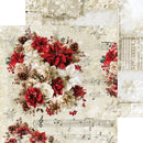 A decorative scrapbook paper sheet featuring a floral arrangement of red poinsettias, cream roses, and pinecones over a vintage sheet music background with snowflakes and textured borders.