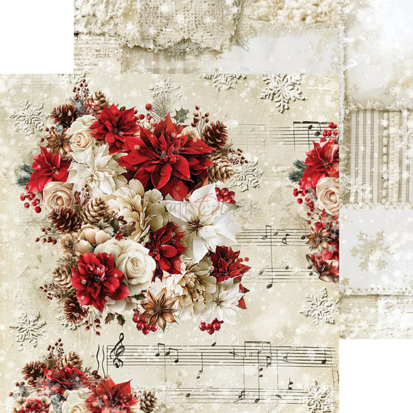 A decorative scrapbook paper sheet featuring a floral arrangement of red poinsettias, cream roses, and pinecones over a vintage sheet music background with snowflakes and textured borders.