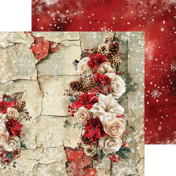 A decorative holiday-themed scrapbook paper or art print design featuring cream and red floral arrangements with pinecones and red berries over a cracked vintage newspaper background, with a red snowy border on the right side.