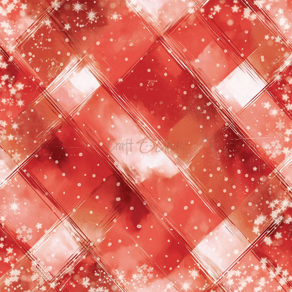 A festive red and pink plaid pattern with white snowflakes and a subtle diagonal watermark across the center.