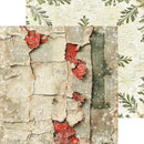 A scrapbook paper sheet featuring a distressed, vintage collage design with cracked beige paper, aged newspaper text, and peeling red paint, with a patterned border on the right side.