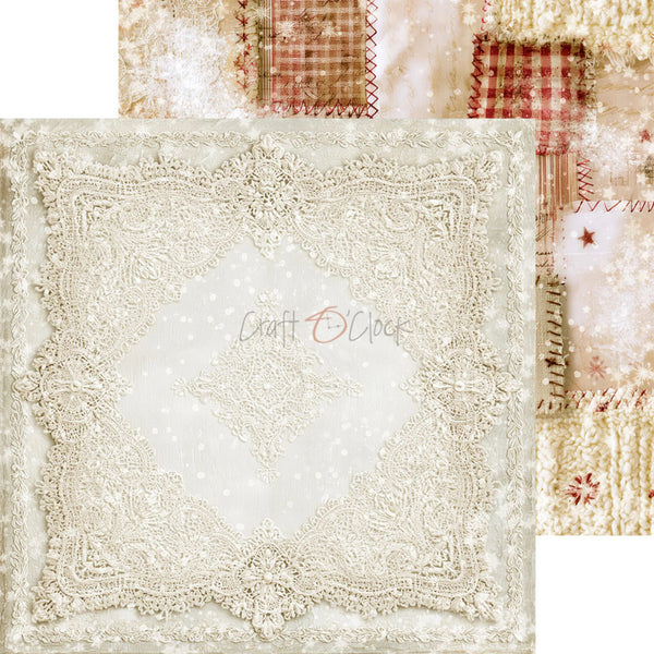 A square decorative paper sheet with ornate cream lace-like border and a dotted center, shown in front of a collage of vintage-style patterned papers in beige, red, and cream tones. A faint 'Crafty Closet' watermark is visible across the center.