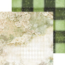 A double-sided scrapbook paper sheet featuring a winter-themed distressed design with lace, snowflakes, and plaid patterns in sage green, cream, and dark forest green.