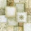 A square patchwork fabric design featuring various textured squares in cream, beige, and light green, decorated with embroidered snowflakes, lace borders, and subtle white snowflake overlays.