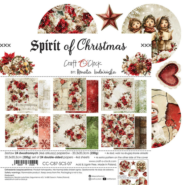A flat lay of a scrapbook paper set titled 'Spirit of Christmas' by Renata Ludwinka, showing the front cover with decorative holiday illustrations and a grid of sample pattern sheets.