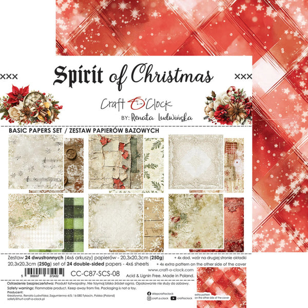 Craft O'Clock 'Spirit of Christmas' basic papers set packaging, featuring a red and white patterned background with six sample paper designs displayed in a grid.