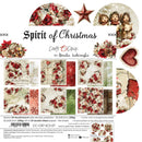 A flat lay of a scrapbook paper set titled 'Spirit of Christmas' by Renata Ludwinka, showing the front cover with decorative holiday illustrations and a grid of sample pattern sheets.
