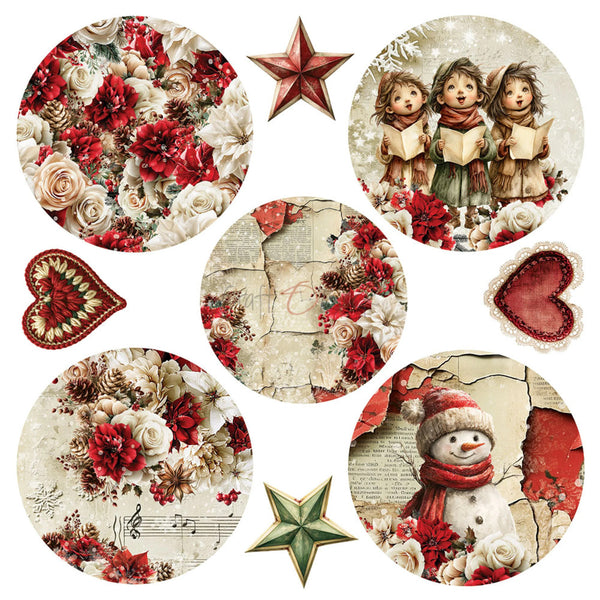 A collection of six circular and star-shaped vintage Christmas-themed decorative stickers or decals arranged on a white background. Designs include floral patterns in red and cream, three children singing, a snowman with a red scarf, cracked paper textures, and red hearts.