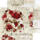 A decorative scrapbook paper sheet featuring a vintage Christmas floral arrangement with red poinsettias, cream roses, pinecones, and snowflakes over a sheet music background.