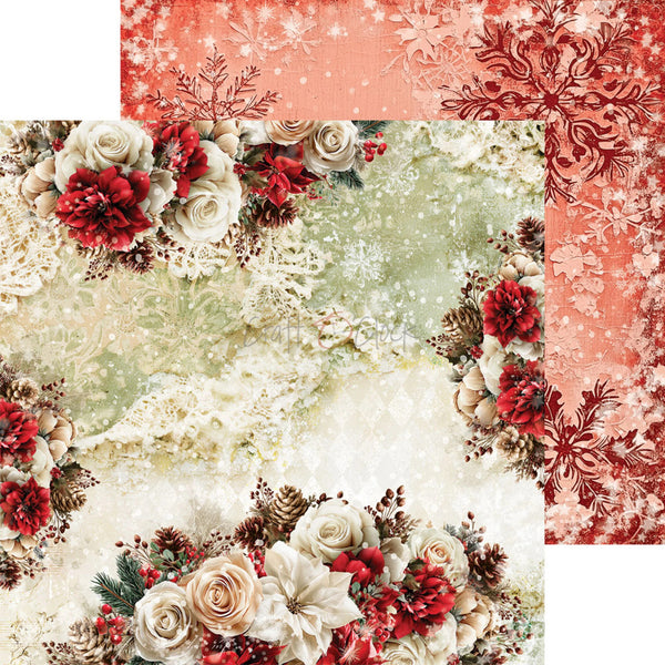 A set of four double-sided scrapbooking papers with a vintage Christmas theme. The designs feature red and cream roses, snowflakes, pinecones, and lace borders on a white background.
