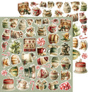 A sheet of Christmas-themed paper stickers or decals featuring vintage illustrations of cupcakes, gingerbread houses, candy canes, mugs, teacups, gingerbread men, and ornaments on a muted sage green background.