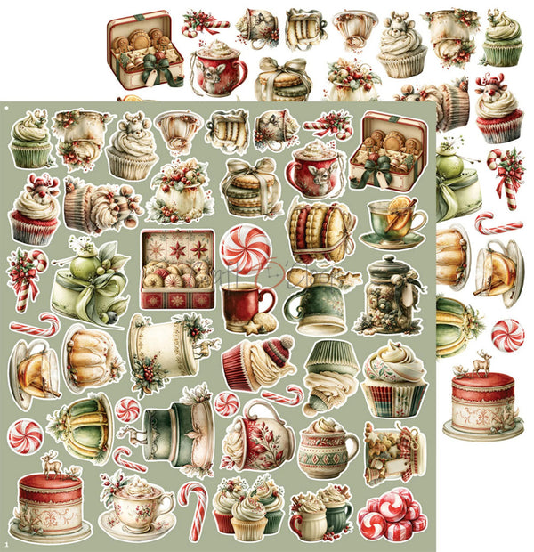 A sheet of Christmas-themed paper stickers or decals featuring vintage illustrations of cupcakes, gingerbread houses, candy canes, mugs, teacups, gingerbread men, and ornaments on a muted sage green background.