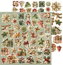 A sheet of vintage Christmas-themed stickers or decals featuring ornaments, gift boxes, stars, snowflakes, gingerbread cookies, reindeer, houses, and holiday motifs on a muted sage green background.