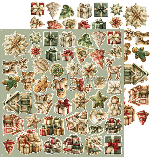 A sheet of vintage Christmas-themed stickers or decals featuring ornaments, gift boxes, stars, snowflakes, gingerbread cookies, reindeer, houses, and holiday motifs on a muted sage green background.