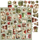 A sheet of vintage-style Christmas-themed stickers or decoupage elements arranged on a pale sage green background. The designs include red and green holiday candles, wrapped gifts, bells, lanterns, ornaments, books, envelopes, and floral accents.