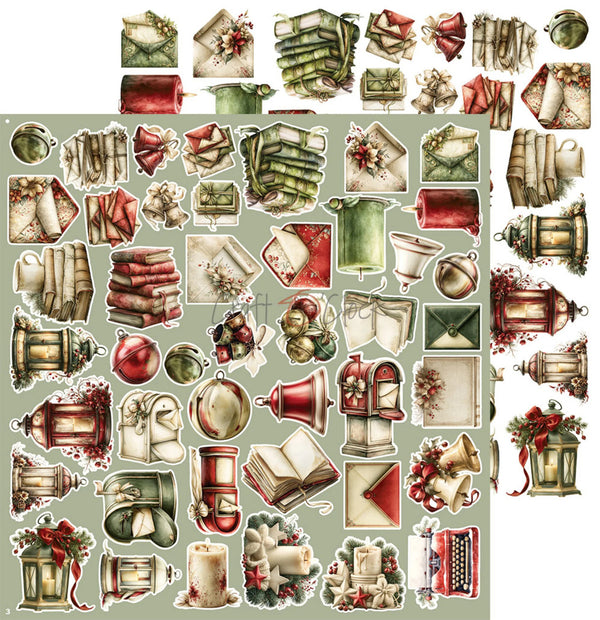 A sheet of vintage-style Christmas-themed stickers or decoupage elements arranged on a pale sage green background. The designs include red and green holiday candles, wrapped gifts, bells, lanterns, ornaments, books, envelopes, and floral accents.