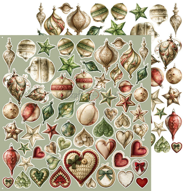 A sheet of vintage Christmas ornament stickers or decals on a pale sage green background, featuring illustrated baubles, stars, leaves, hearts, and bows in muted red, green, beige, and cream tones.