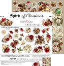 A craft paper scrapbook extras set titled 'Spirit of Christmas' by Renata Iwarłakowska, featuring a central sheet of double-sided papers with red and cream floral designs, pinecones, ornaments, and a wreath, alongside preview images of additional designs in the corner.