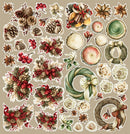 A sheet of assorted Christmas-themed die-cut stickers on a beige background, including wreaths, pinecones, berries, flowers, cinnamon sticks, and rustic seasonal motifs.