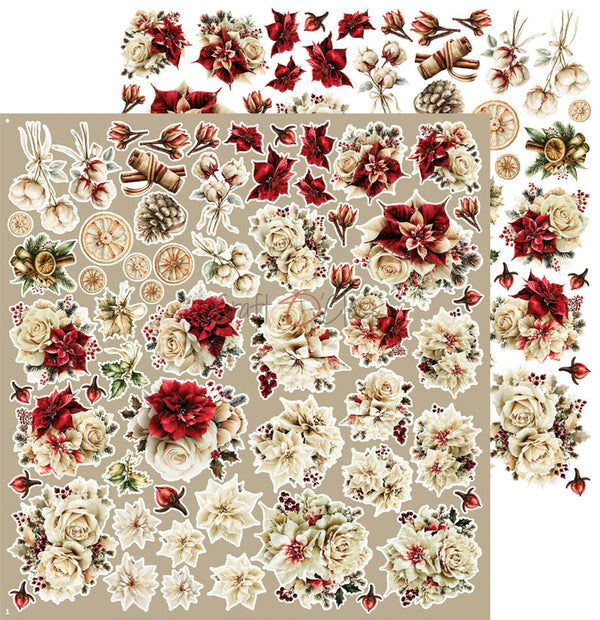 A sheet of vintage-style floral stickers featuring red poinsettias, cream roses, holly leaves, pinecones, cinnamon sticks, and dried citrus slices on a beige background.