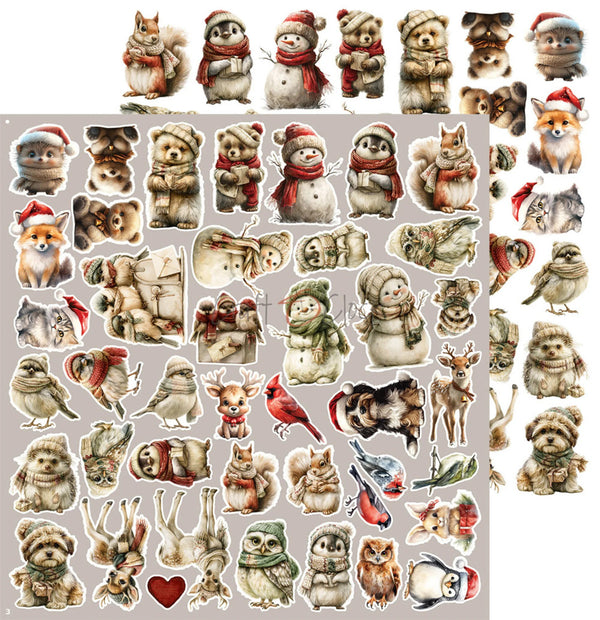 A sheet of assorted animal stickers featuring Christmas-themed characters like squirrels, foxes, owls, birds, and snowmen wearing red Santa hats and scarves, shown on a light gray background.