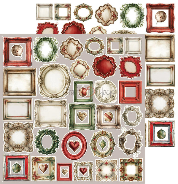 A sheet of vintage-style decorative frame stickers arranged in a grid on a light gray background. The frames include ornate rectangular, oval, and circular borders in red, green, beige, and silver tones, with some featuring small heart and globe illustrations.