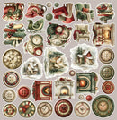 A collage of vintage-style Christmas and winter illustration elements on a light gray background, including clocks, fireplace scenes, stockings, ornaments, a bird, a sleigh, books, and rustic decorative motifs.