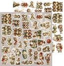 A sheet of vintage Christmas-themed die-cut stickers featuring various illustrations of angels, gnomes, Santa Claus, and holiday figures in muted beige, brown, green, and red tones.