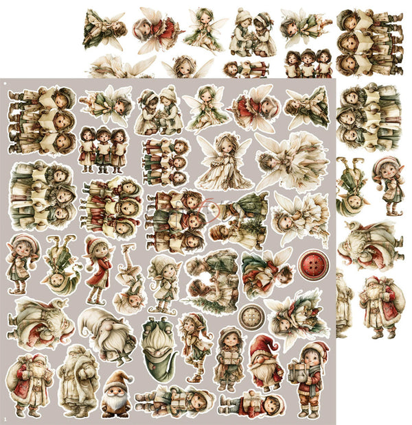 A sheet of vintage Christmas-themed die-cut stickers featuring various illustrations of angels, gnomes, Santa Claus, and holiday figures in muted beige, brown, green, and red tones.