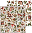 A sheet of vintage Christmas-themed stickers or decals featuring illustrations of toys and holiday objects, including a train, nutcracker, stockings, mittens, snow globes, and ornaments, arranged on a light gray background.