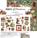 A Christmas-themed double-sided paper craft sheet set by Renata Ludwicka, titled 'Spirit of Christmas'. The sheet features a collage of vintage-style Christmas illustrations including ornaments, candy canes, snowman, stockings, and holiday numbers, alongside a green patterned border on the right side.