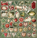 A sheet of vintage-style Christmas ornament and label graphics arranged on an olive green background. The designs include numbered ornaments, stockings, banners, stars, bells, hearts, and other holiday shapes in muted red, green, cream, and beige tones.